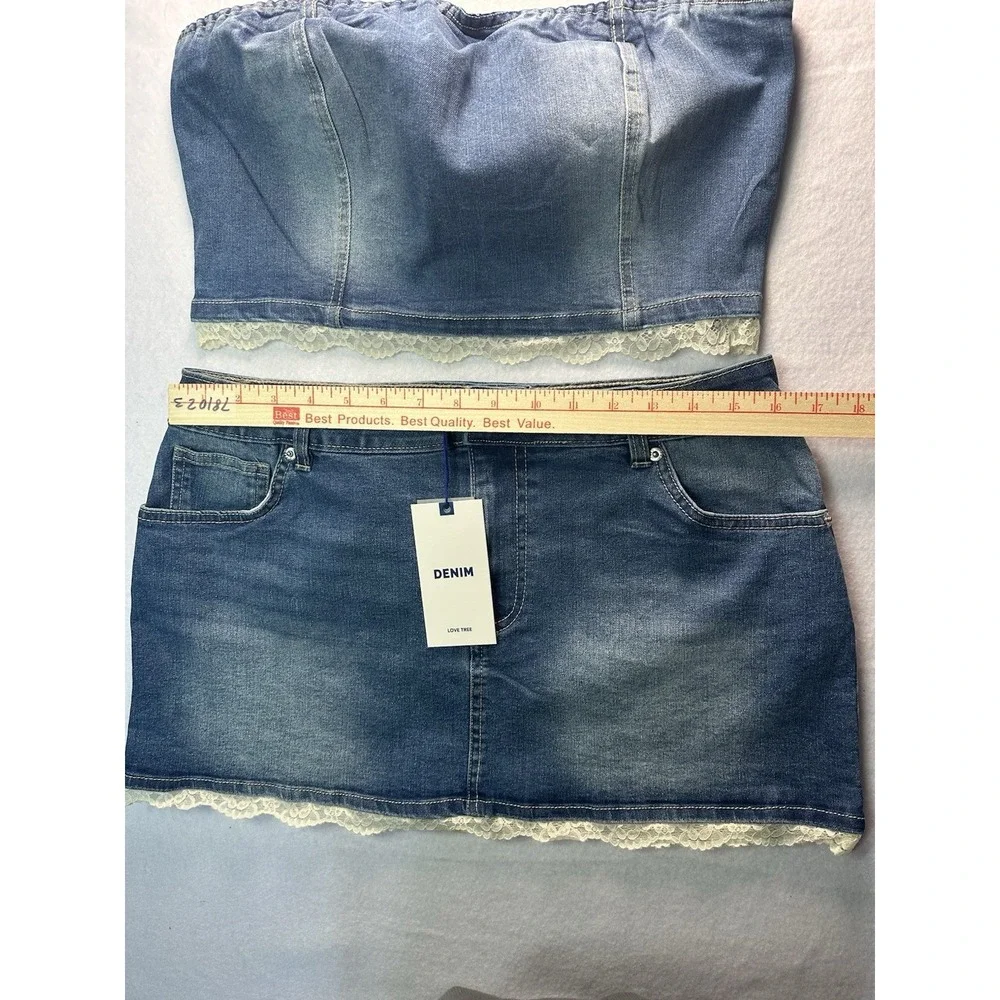 Love Tree Denim Skirt and Strapless with Lace Top Set Women's Size Large NWT - Picture 2 of 10